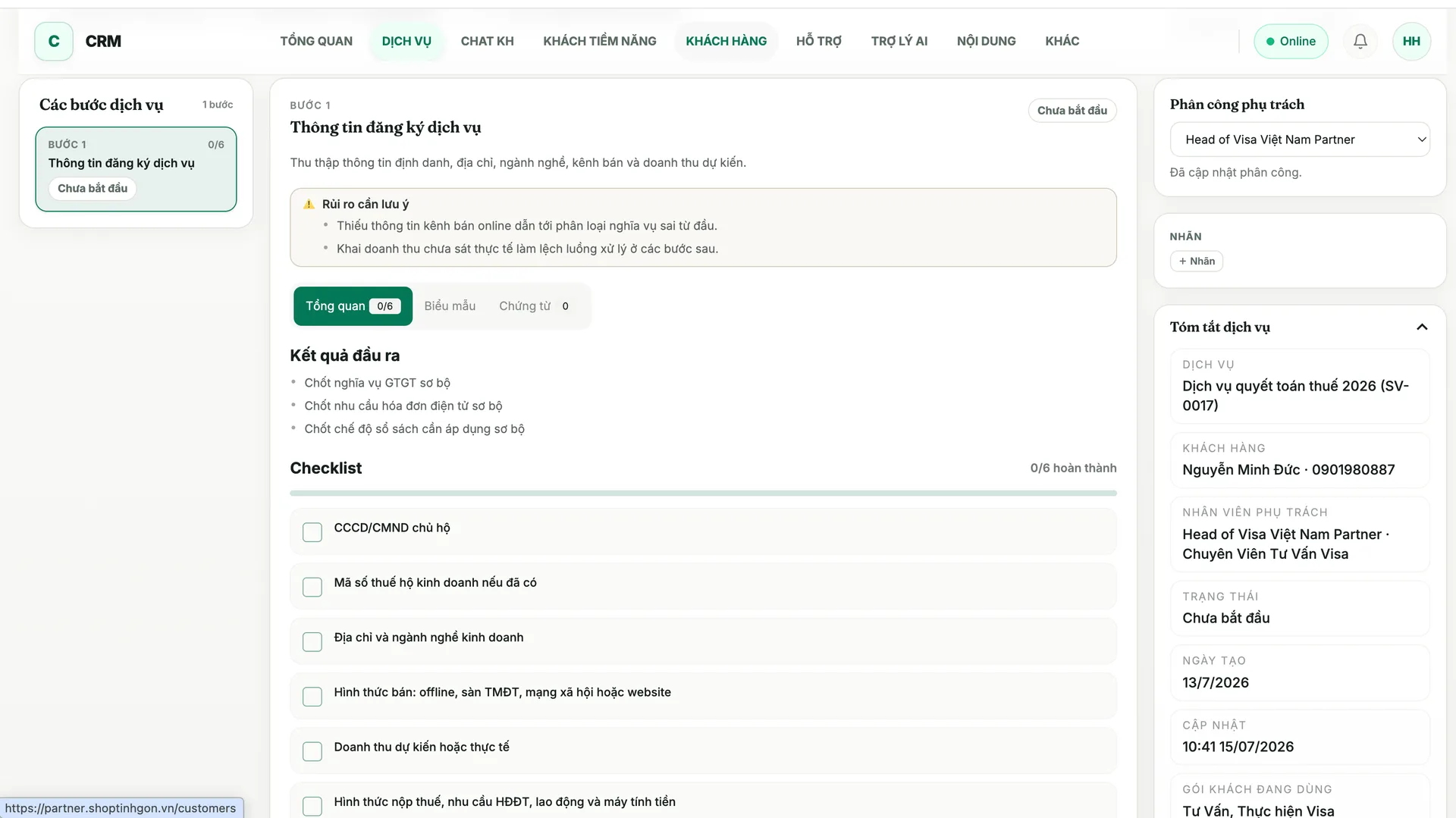 Màn hình các bước dịch vụ thật: checklist theo bước, khung rủi ro cần lưu ý, kết quả đầu ra, phân công phụ trách và tóm tắt dịch vụ